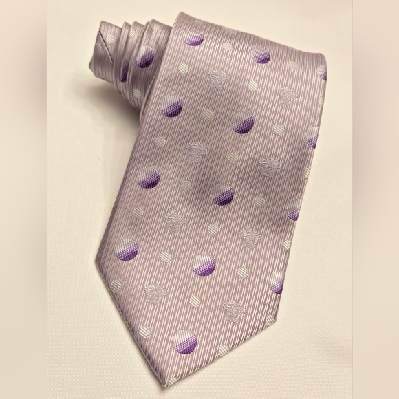 Versace Mens Silk Neck Tie Purple Medusa Jacquard Polka Dot Italy Classic 58
